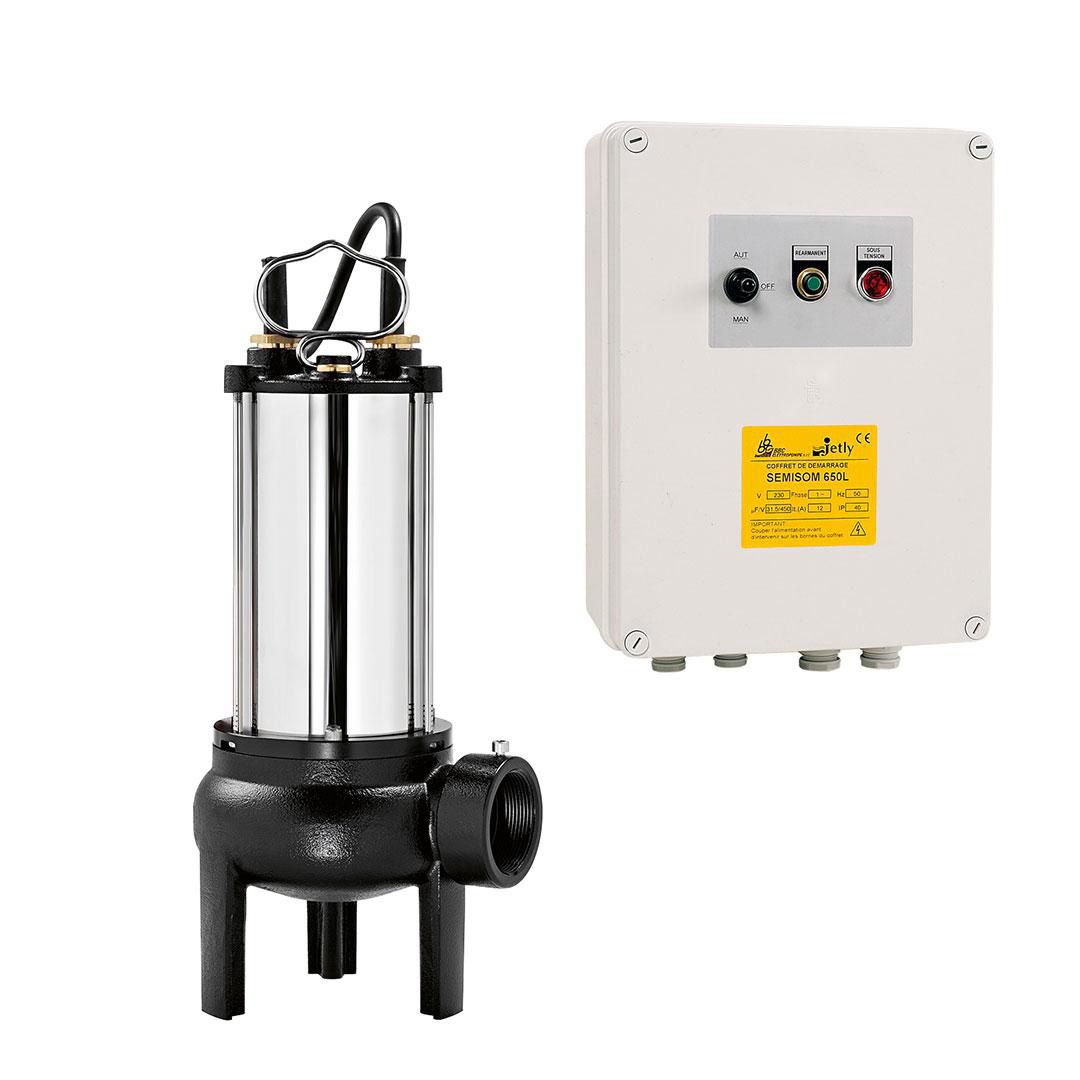 Pompe de relevage eaux chargées SEMISOM 590 M alimentation électrique 230V - 1,5 kW - 10,5 A débit maxi 36 m³/h hauteur maxi de relevage 13 m livrée avec 10 m de câble(IPSO) et coffret EVOL Réf. 136107