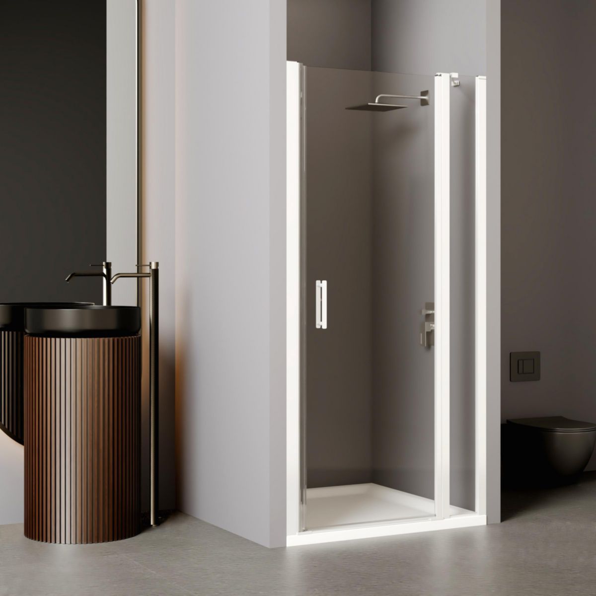 Porte pivotante avec élément fixe, Série EQUI 2MS, E2PF21102002PE, largeur 1100 mm, hauteur 2000 mm, Profilé Blanc, Verre clair traité anticalcaire