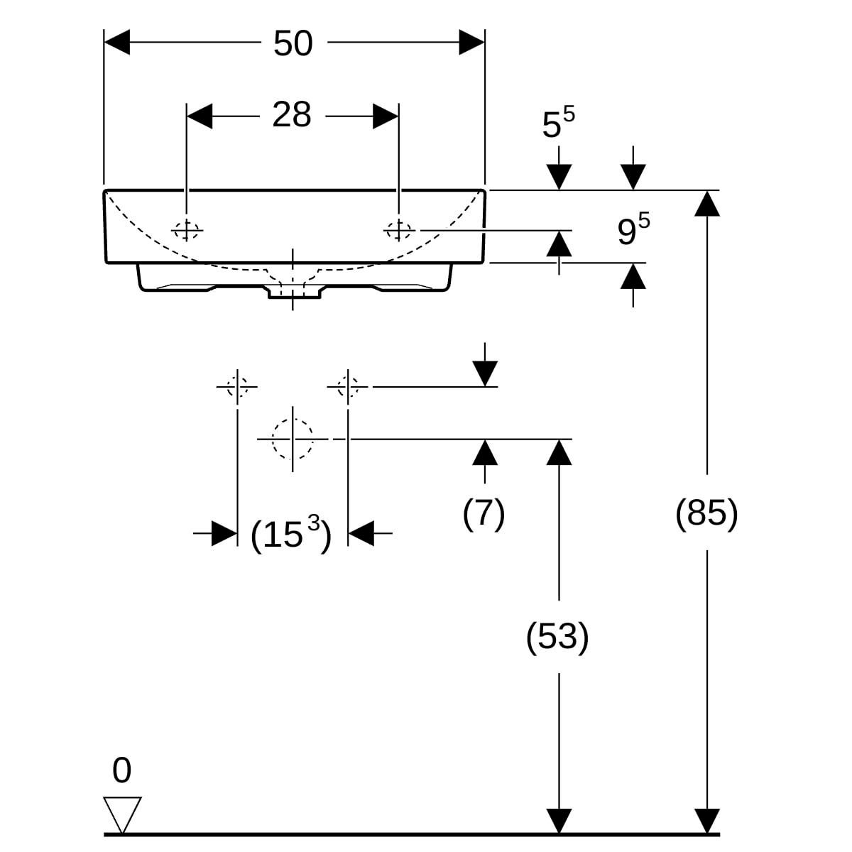 Lavabo Geberit ONE sortie verticale: B=50cm, T=40cm, Trou de robinetterie=Au centre, Trop-plein=Sans, blanc / KeraTect