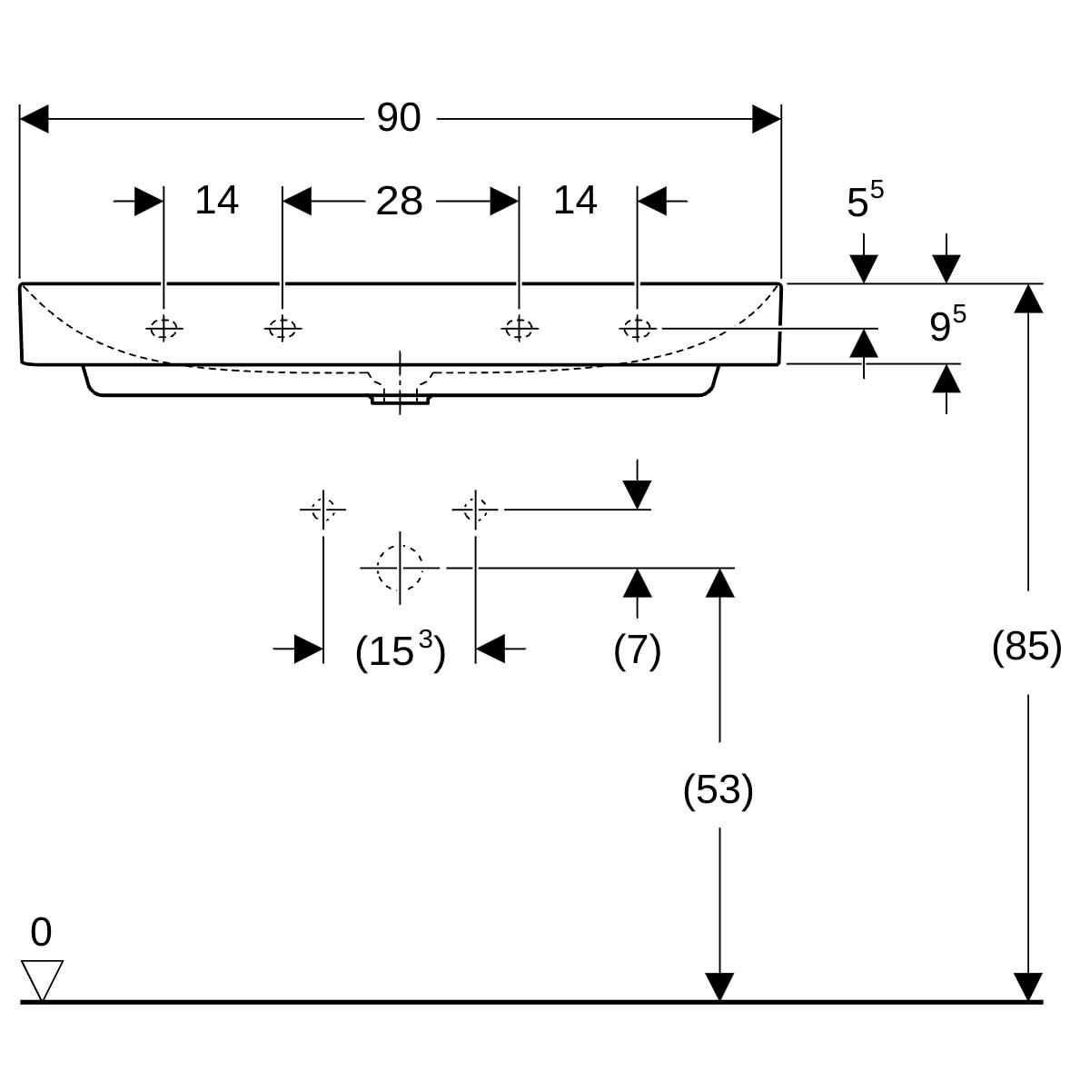 Lavabo Geberit ONE sortie verticale: B=90cm, T=48cm, Trou de robinetterie=Sans, Trop-plein=Sans, blanc / KeraTect