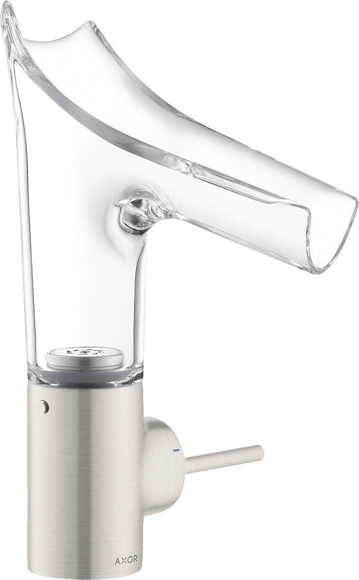 AXOR Starck V Mitigeur de lavabo 140, bec en verre, bonde à écoulement libre, Aspect acier inoxydable