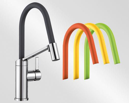 Mitigeur monotrou avec bec tube orientable BLANCO VIU-S avec douchette couleur chrome et 4 gaines échangeables lava grey - orange - lemon - kiwi garantie 2 ans Réf. 524813