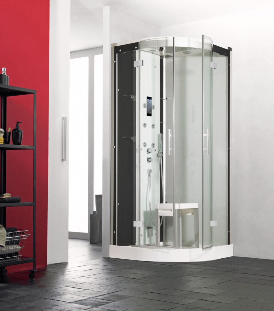 Cabine de douche HORIZON2 receveur bas ouverture pivotante 90X90 ronde hammam couleur perle noire réf. CMH138N12