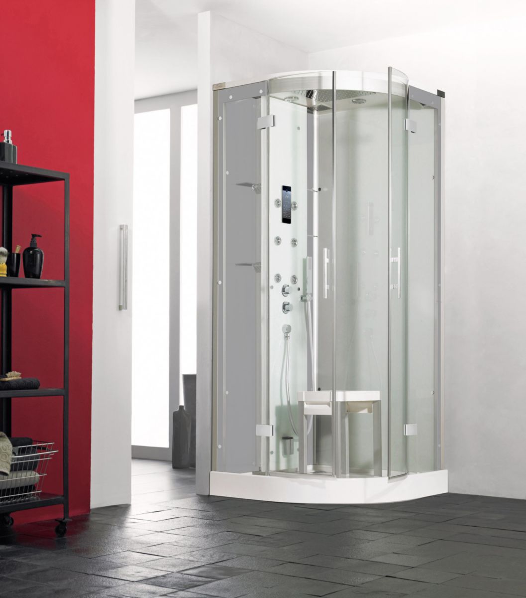 Cabine de douche HORIZON2 receveur bas ouverture pivotante 90X90 ronde hammam couleur acier réf. CMH138A12