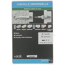 Cheville nylon pour matériaux pleins et creux Novipro diamètre 10 x 50 mm boîte de 50 pièces