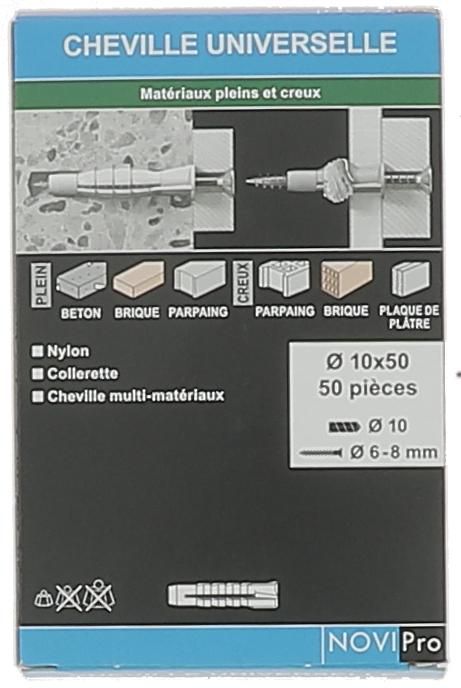 Cheville nylon pour matériaux pleins et creux Novipro diamètre 10 x 50 mm boîte de 50 pièces