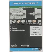 Cheville nylon pour matériaux pleins et creux Novipro diamètre 8 x 40 mm boîte de 100 pièces