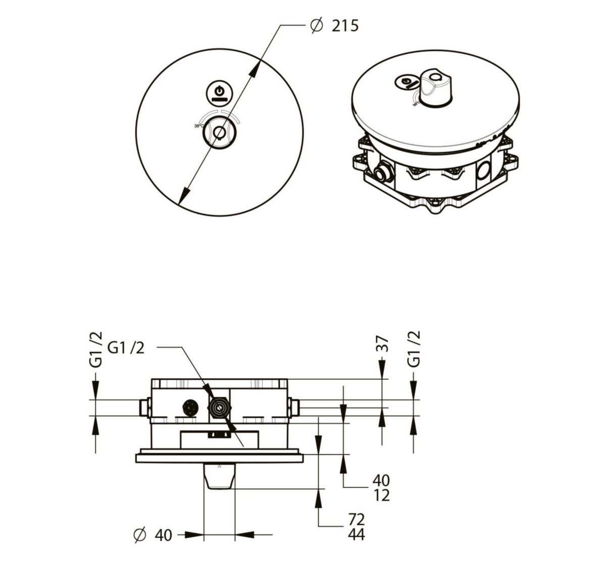 Mitigeur thermostatique de douche Presto Box encastré étanche. Déclenchement tactile. Temporisation 30sec modifiable. Débit 8l/min. Alimentation secteur 12-24V sans transformateur. Raccordement G1/2". Rinçage automatique. Finition chromée.