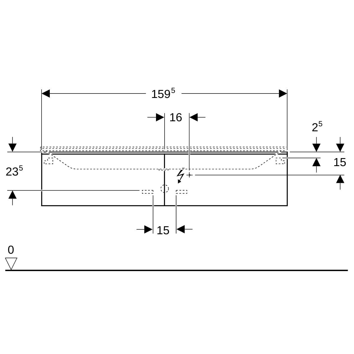 Meuble bas pour lavabo Geberit Xeno² en matériau minéral, avec deux tiroirs: Largeur 159.5cm, Hauteur 35cm, Profondeur 47.3cm, Blanc / Laqué mat