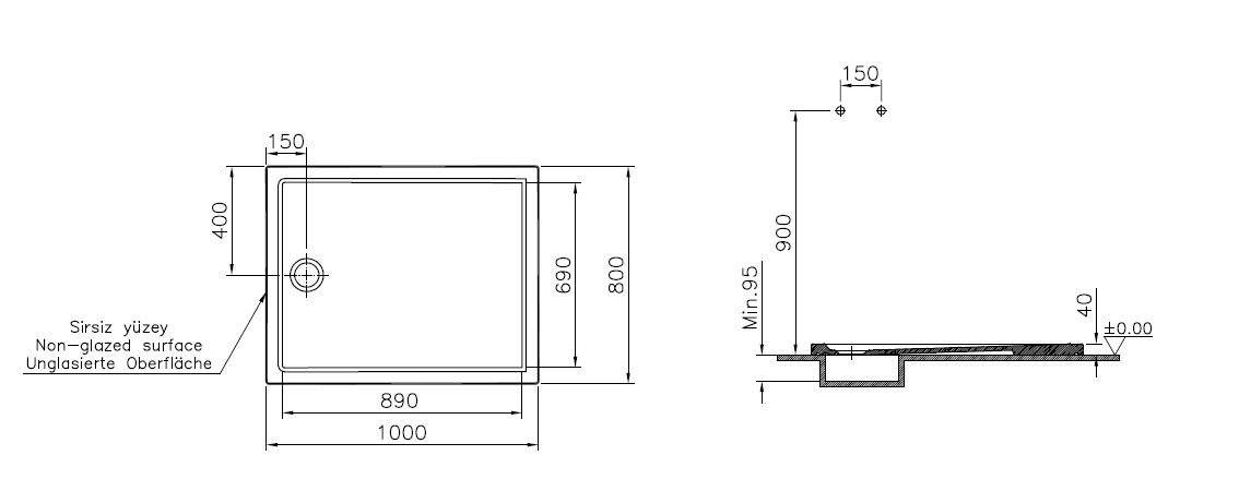 Receveur CASCADE ultra plat antidérapant 100 x 80 cm en céramique blanc