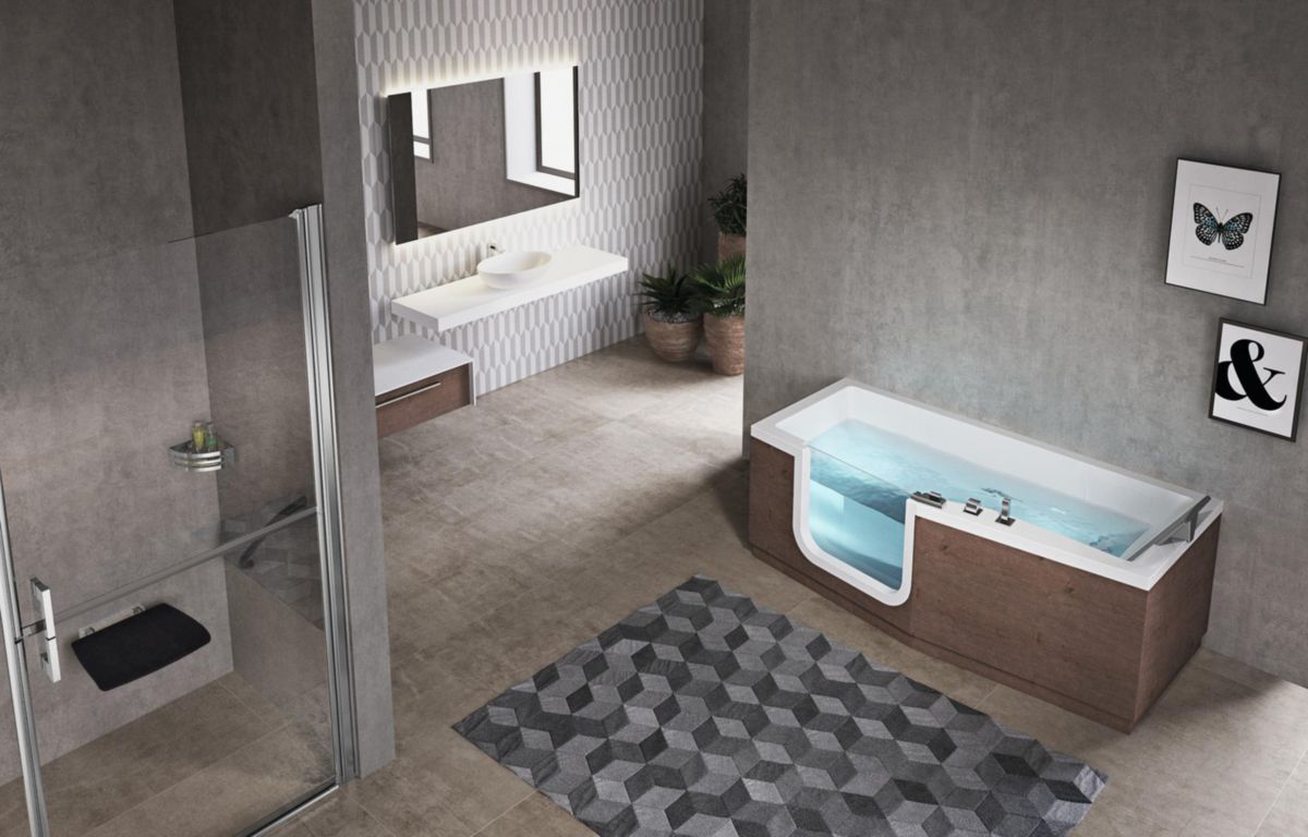 BAIGNOIRE À PORTE IRIS 160X70 CM VERSION GAUCHE AVEC CHASSIS+ROBINETERIE BLANC 1 TABLIER FINITION CHROME Réf :  IRI216070FS-A1K