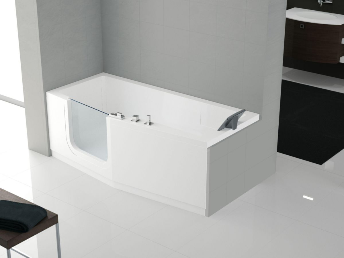 BAIGNOIRE À PORTE IRIS 160X70 CM VERSION GAUCHE AVEC CHASSIS+ROBINETERIE BLANC 1 TABLIER FINITION CHROME Réf :  IRI216070FS-A1K