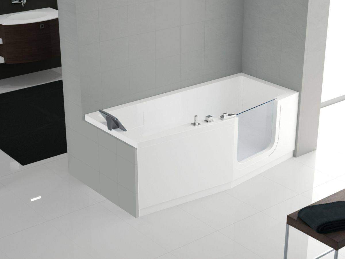 BAIGNOIRE À PORTE IRIS 160X70 CM VERSION DROITE AVEC CHASSIS+ROBINETERIE BLANC 1 TABLIER FINITION CHROME Réf :  IRI216070FD-A1K