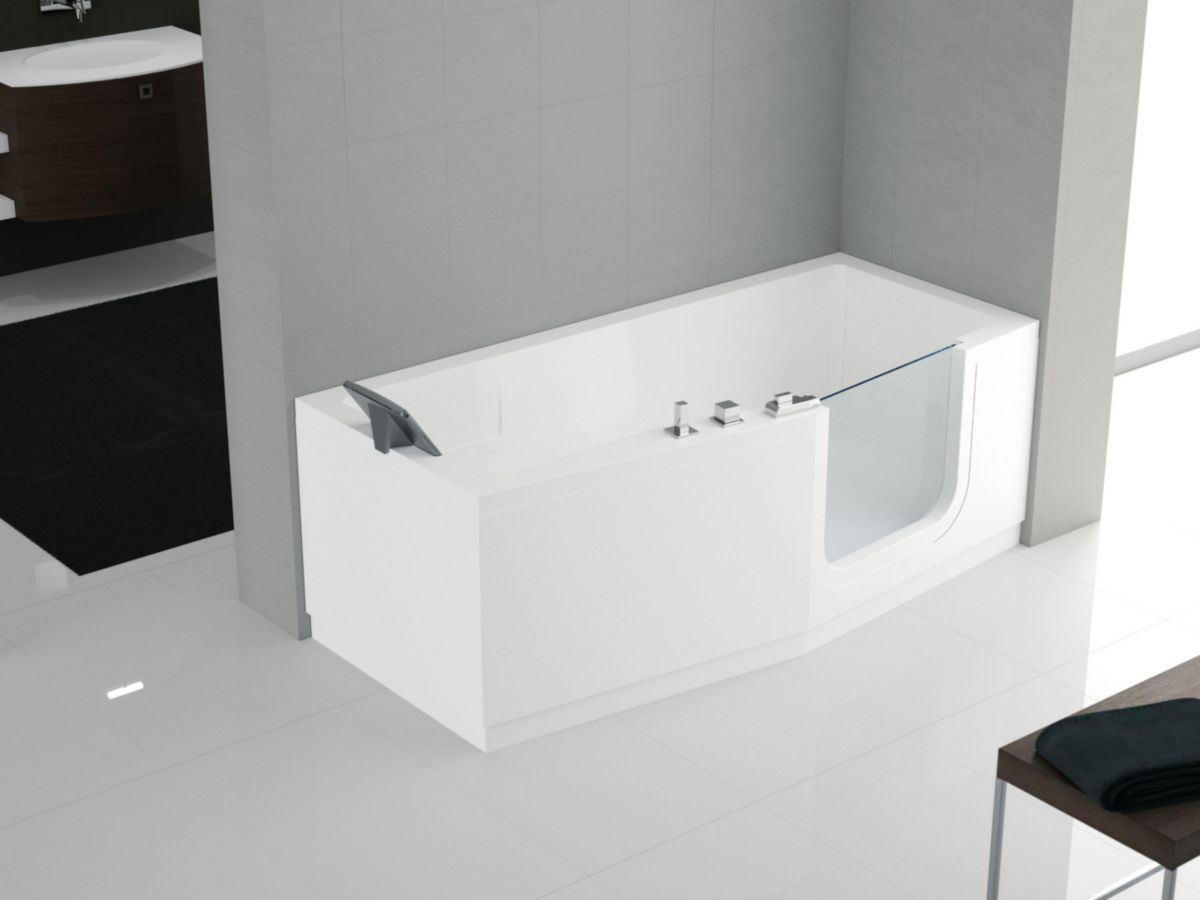 BAIGNOIRE À PORTE IRIS 160X70 CM VERSION DROITE AVEC CHASSIS+ROBINETERIE BLANC 2 TABLIERS FINITION CHROME Réf :  IRI216070FD-A2K