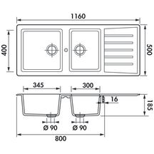Evier slave 2 cuves 1 egouttoir a encastrer reversible noir uni eco 1160 x 500 réf. EV279VE 009