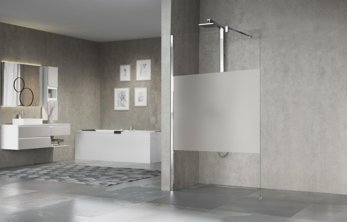 Paroi de douche GIADA H, 118 cm extensible jusqu'à 120 cm, fixe, réversible, en verre bande satin et profilé chromé Réf. GIADAH120-44K