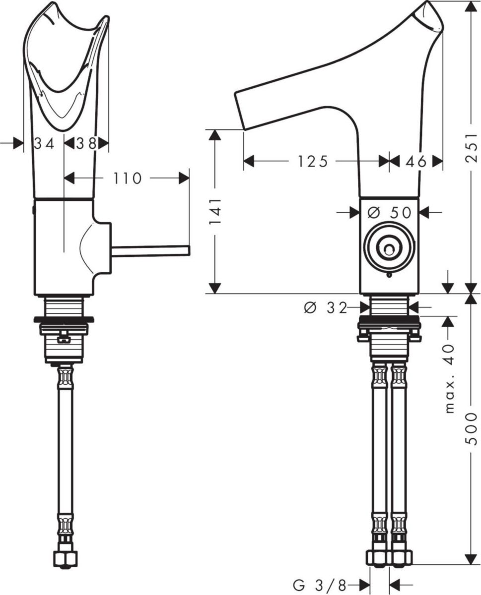 AXOR Starck V Mitigeur de lavabo 140, bec en verre, bonde à écoulement libre, Aspect acier inoxydable