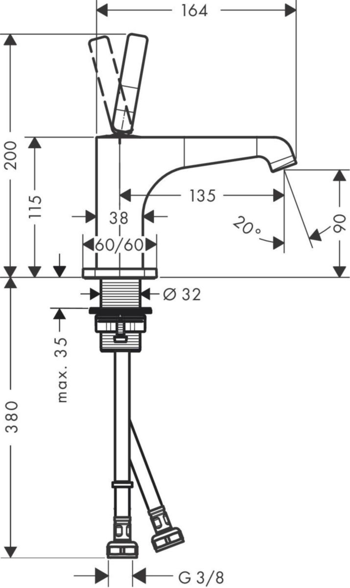 AXOR Citterio E Mitigeur de lavabo 90 pour lave-mains bonde à écoulement libre, Nickel brossé