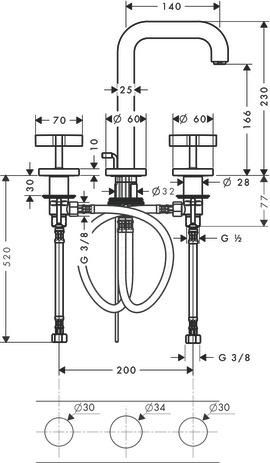 AXOR Citterio Mélangeur de lavabo 3 trous 170 poignées croisillons, rosaces, bec 140 mm avec tirette et vidage, Noir chromé brossé