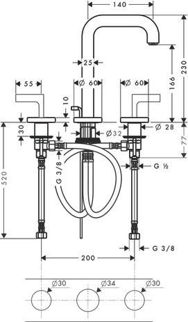 AXOR Citterio Mélangeur de lavabo 3 trous 170 poignées manettes, rosaces, bec 140 mm avec tirette et vidage, Aspect doré poli