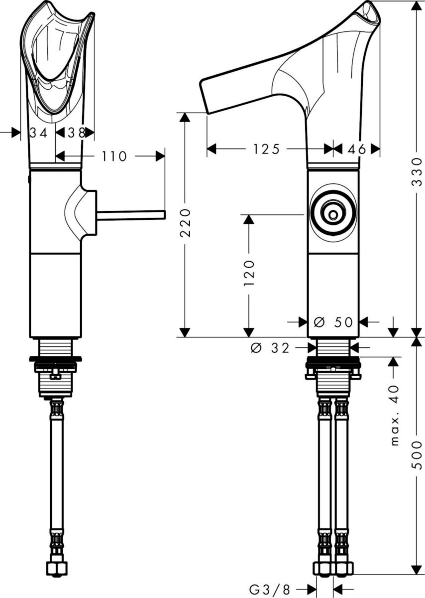 AXOR Starck V Mitigeur de lavabo 220 surélevé pour vasque libre, bec en verre, bonde à écoulement libre, Laiton brossé