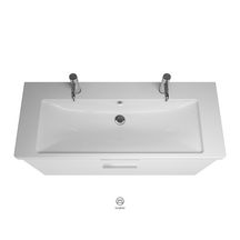 Ensemble EQIO SMART plan de toilette céramique simple vasque 2 trous de robinetterie largeur 123 cm avec meuble sous-vasque largeur 120 cm, 2 tiroirs, finition blanc brillant, poignée chromé Réf. SFSR123F3666C0001G0146