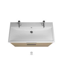 Ensemble EQIO SMART plan de toilette céramique simple vasque 2 trous de robinetterie largeur 103 cm avec meuble sous-vasque largeur 100 cm, 2 tiroirs, finition frassino décor cappuccino, poignée noir Réf. SFSR103F3665C0001G0200