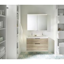 Ensemble EQIO SMART plan de toilette céramique simple vasque 2 trous de robinetterie largeur 103 cm avec meuble sous-vasque largeur 100 cm, 2 tiroirs, finition frassino décor cappuccino, poignée noir Réf. SFSR103F3665C0001G0200