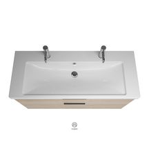 Ensemble EQIO SMART plan de toilette céramique simple vasque 2 trous de robinetterie largeur 123 cm avec meuble sous-vasque largeur 120 cm, 2 tiroirs, finition chêne décor cachemire, poignée noir Réf. SFSR123F3671C0001G0200