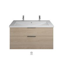 Ensemble EQIO SMART plan de toilette céramique simple vasque 2 trous de robinetterie largeur 123 cm avec meuble sous-vasque largeur 120 cm, 2 tiroirs, finition chêne décor cachemire, poignée noir Réf. SFSR123F3671C0001G0200