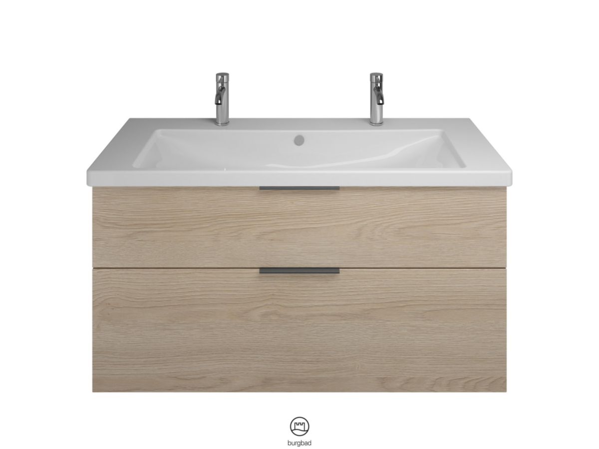 Ensemble EQIO SMART plan de toilette céramique simple vasque 2 trous de robinetterie largeur 123 cm avec meuble sous-vasque largeur 120 cm, 2 tiroirs, finition chêne décor cachemire, poignée noir Réf. SFSR123F3671C0001G0200