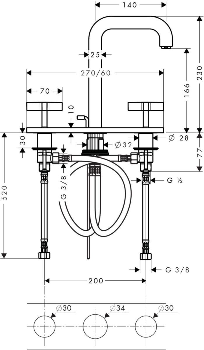 Mélangeur de lavabo Axor CITTERIO 3 trous avec poignées croisillons, bec court L 140 mm et plaque de recouvrement, chromé réf. 39134000