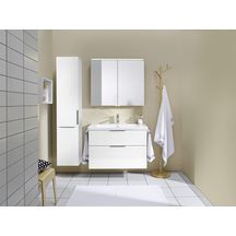 Ensemble EQIO SMART plan de toilette céramique largeur 93 cm avec meuble sous-vasque largeur 90 cm, 2 tiroirs, finition blanc brillant, poignée chromé Réf. SFSQ093F3666C0001G0146