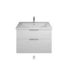 Ensemble EQIO SMART plan de toilette céramique largeur 93 cm avec meuble sous-vasque largeur 90 cm, 2 tiroirs, finition blanc brillant, poignée chromé Réf. SFSQ093F3666C0001G0146