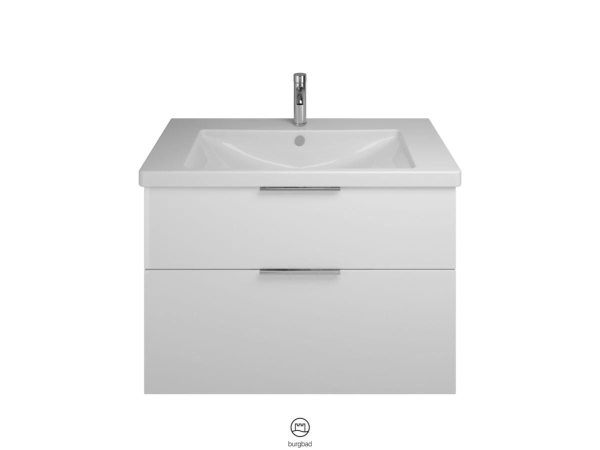 Ensemble EQIO SMART plan de toilette céramique largeur 93 cm avec meuble sous-vasque largeur 90 cm, 2 tiroirs, finition blanc brillant, poignée chromé Réf. SFSQ093F3666C0001G0146