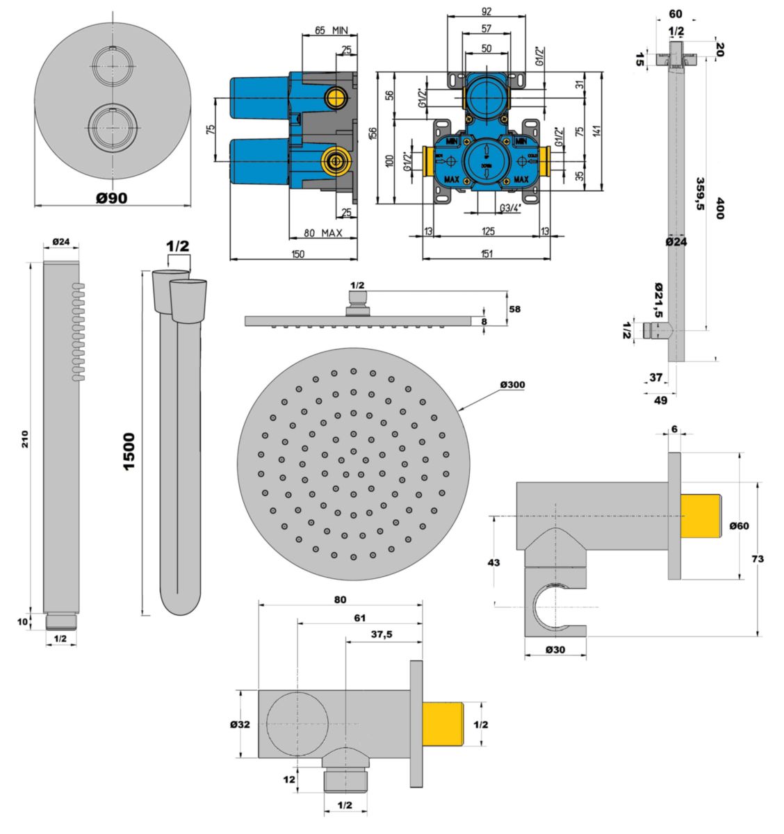 Ensemble thermostatique encastré COX Réf. 43PW690TH