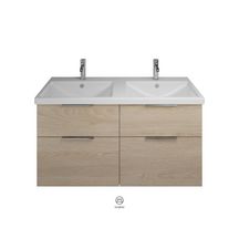 Ensemble EQIO SMART plan de toilette céramique double vasque largeur 123 cm avec meuble sous-vasque largeur 120 cm, 4 tiroirs, finition chêne décor cachemire, poignée chromé Réf. SFST123F3671C0001G0146