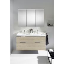 Ensemble EQIO SMART plan de toilette céramique double vasque largeur 123 cm avec meuble sous-vasque largeur 120 cm, 4 tiroirs, finition chêne décor cachemire, poignée chromé Réf. SFST123F3671C0001G0146