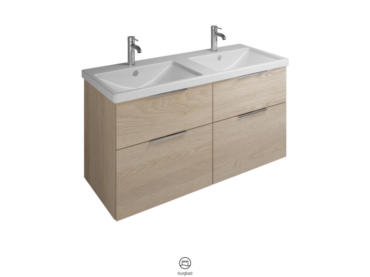 Ensemble EQIO SMART plan de toilette céramique double vasque largeur 123 cm avec meuble sous-vasque largeur 120 cm, 4 tiroirs, finition chêne décor cachemire, poignée chromé Réf. SFST123F3671C0001G0146