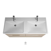 Ensemble EQIO SMART plan de toilette céramique double vasque largeur 123 cm avec meuble sous-vasque largeur 120 cm, 4 tiroirs, finition chêne décor cachemire, poignée chromé Réf. SFST123F3671C0001G0146