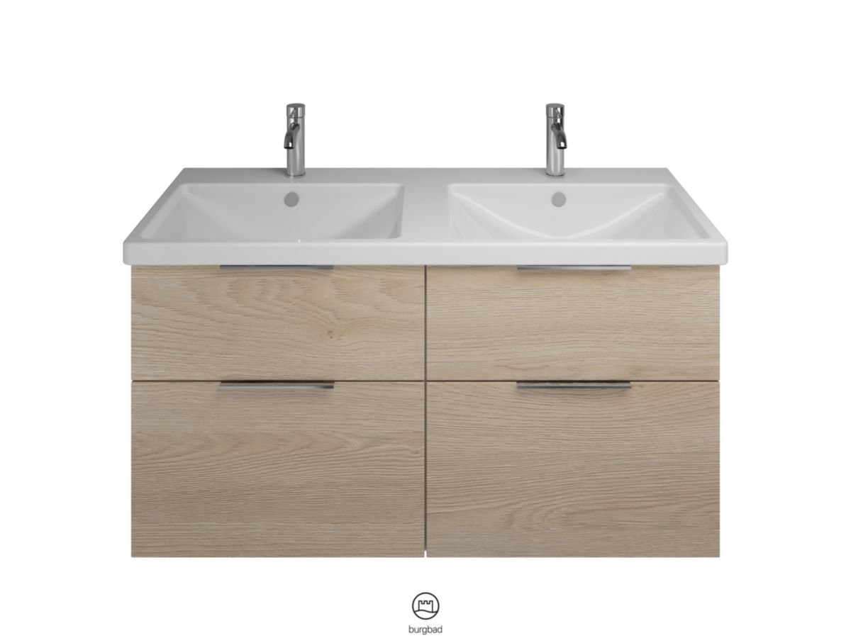 Ensemble EQIO SMART plan de toilette céramique double vasque largeur 123 cm avec meuble sous-vasque largeur 120 cm, 4 tiroirs, finition chêne décor cachemire, poignée chromé Réf. SFST123F3671C0001G0146