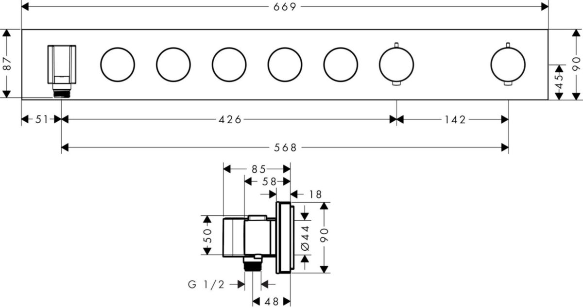 AXOR ShowerSolutions Module thermostatique Select encastré 670 / 900 avec 5 fonctions, Noir chromé poli