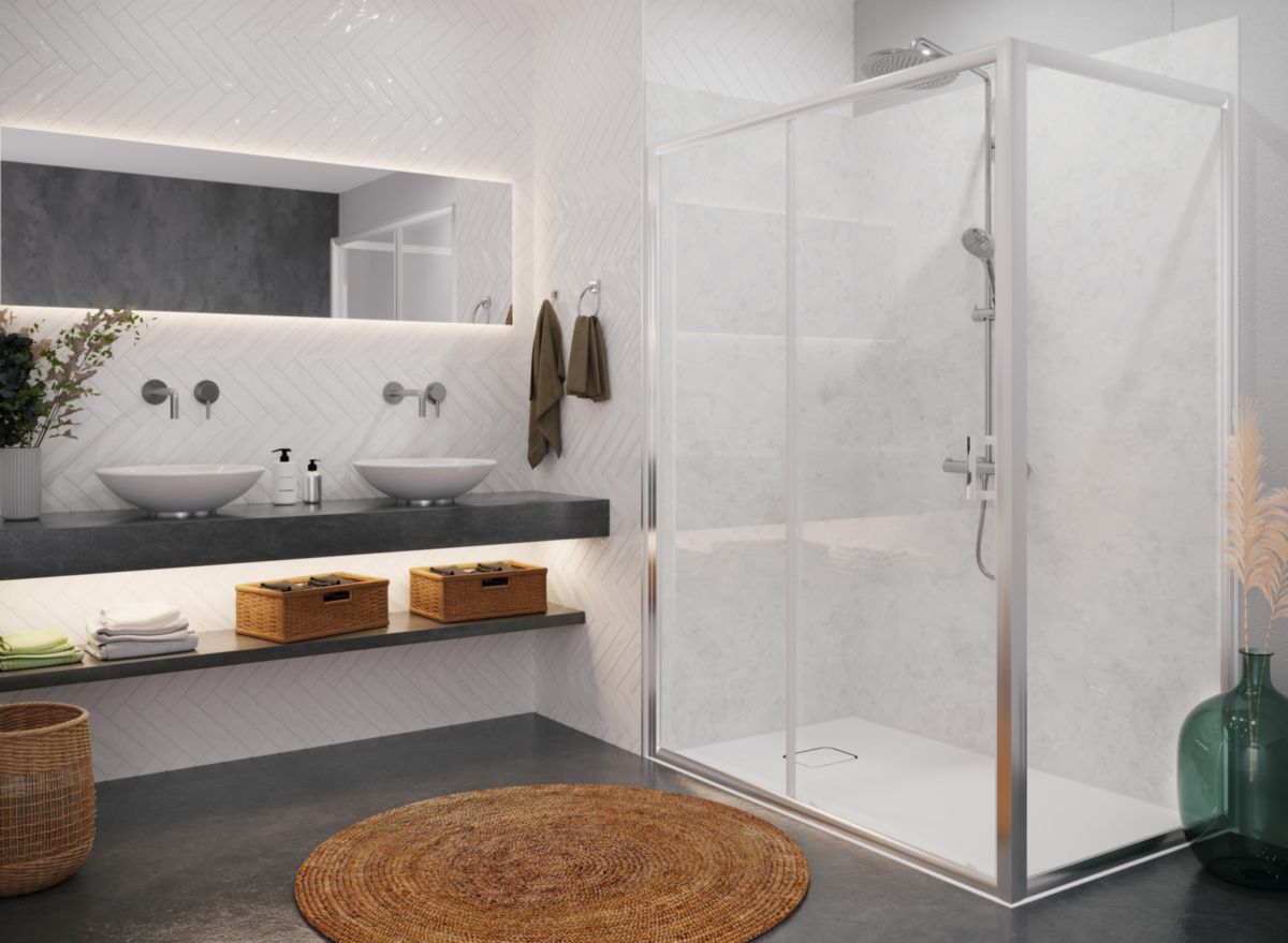 Ensemble de douche incluant receveur natura SH 90x140, PREPANEL avec profilés et paroi de douche EQUI H1900