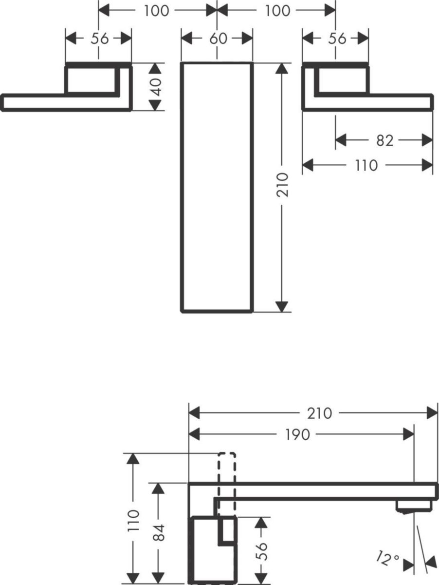 AXOR Edge Mélangeur de lavabo 3 trous encastré pour montage mural bec 190 mm, bonde à écoulement libre, Chromé