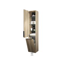 Colonne EQIO SMART hauteur 176 cm, largeur 35 cm, profondeur 29.8 cm avec 1 porte, 1 panier à linge basculant, 3 étagères verres, 1 étagère fixe, charnière droite, finition frassino décor cappuccino, poignée noir Réf. HSFC035DF3665G0200