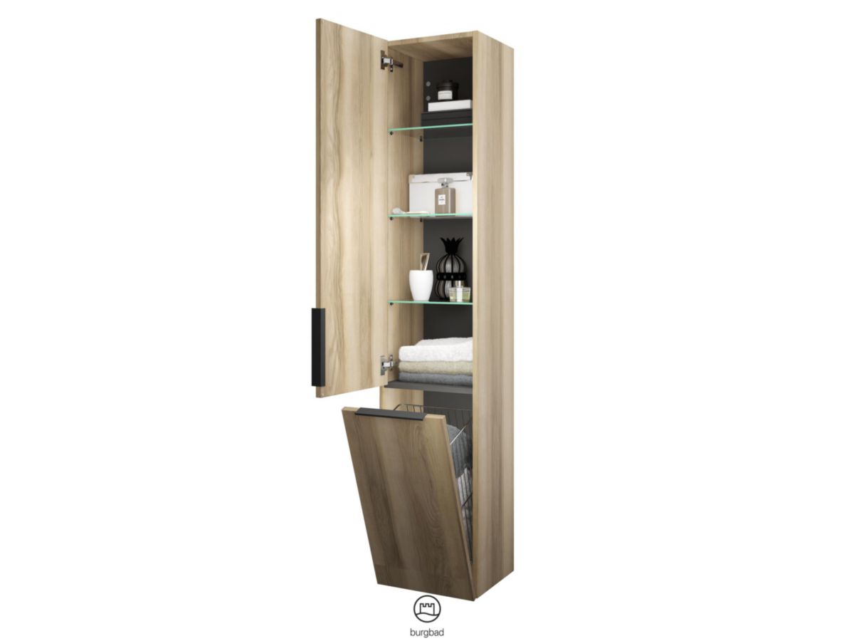 Colonne EQIO SMART hauteur 176 cm, largeur 35 cm, profondeur 29.8 cm avec 1 porte, 1 panier à linge basculant, 3 étagères verres, 1 étagère fixe, charnière droite, finition frassino décor cappuccino, poignée noir Réf. HSFC035DF3665G0200