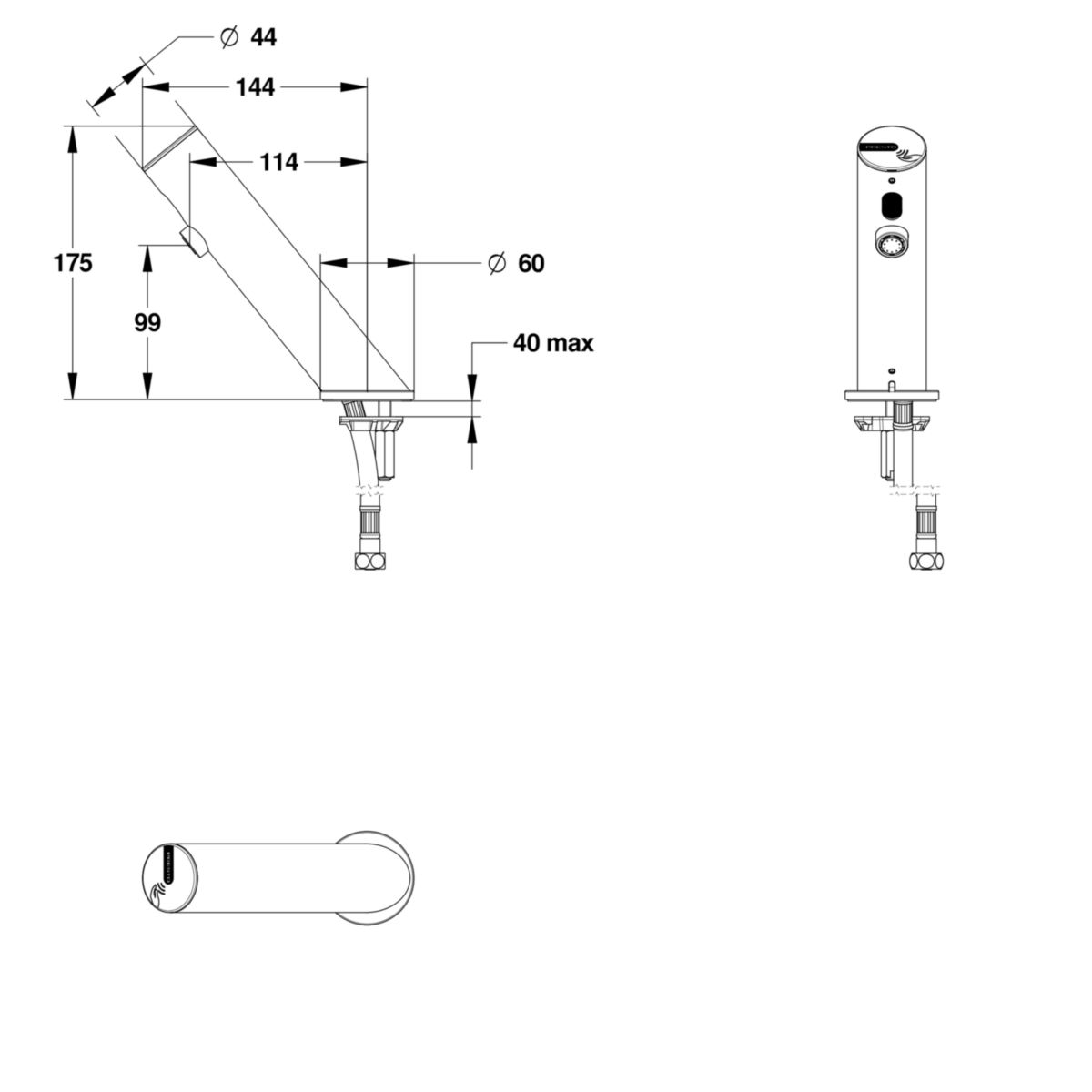 Robinet de lavabo simple sur plage LINEA® . Déclenchement électronique sans contact. Débit 1,9l/min PRESTOGREEN. Alimentation Piles 6V. Raccordement F3/8" Finition