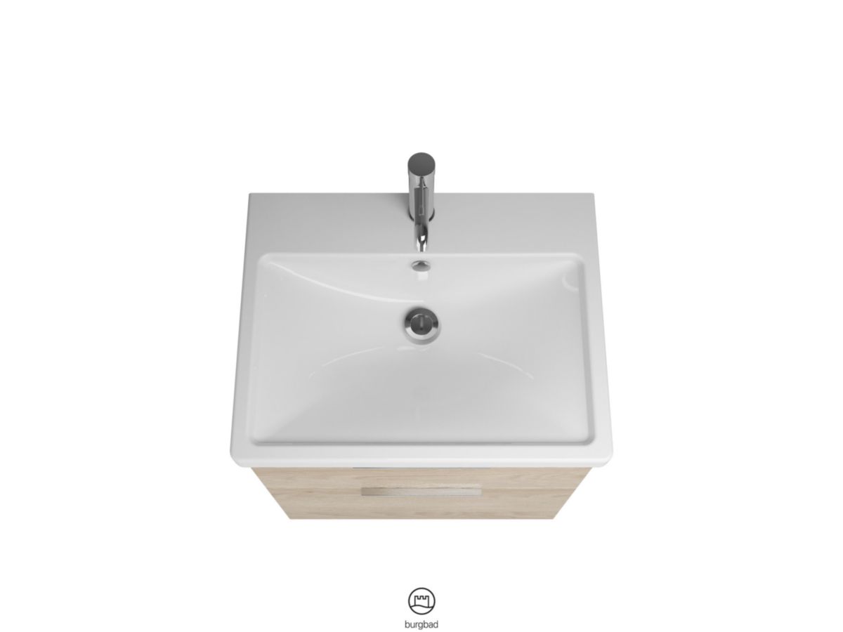 Ensemble EQIO SMART plan de toilette céramique largeur 63 cm avec meuble sous-vasque largeur 60 cm, 2 tiroirs, finition chêne decor cachemire, poignée chromé Réf. SFSQ063F3671C0001G0146