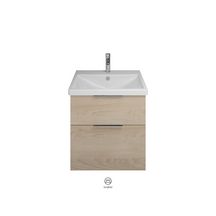 Ensemble EQIO SMART plan de toilette céramique largeur 63 cm avec meuble sous-vasque largeur 60 cm, 2 tiroirs, finition chêne decor cachemire, poignée chromé Réf. SFSQ063F3671C0001G0146