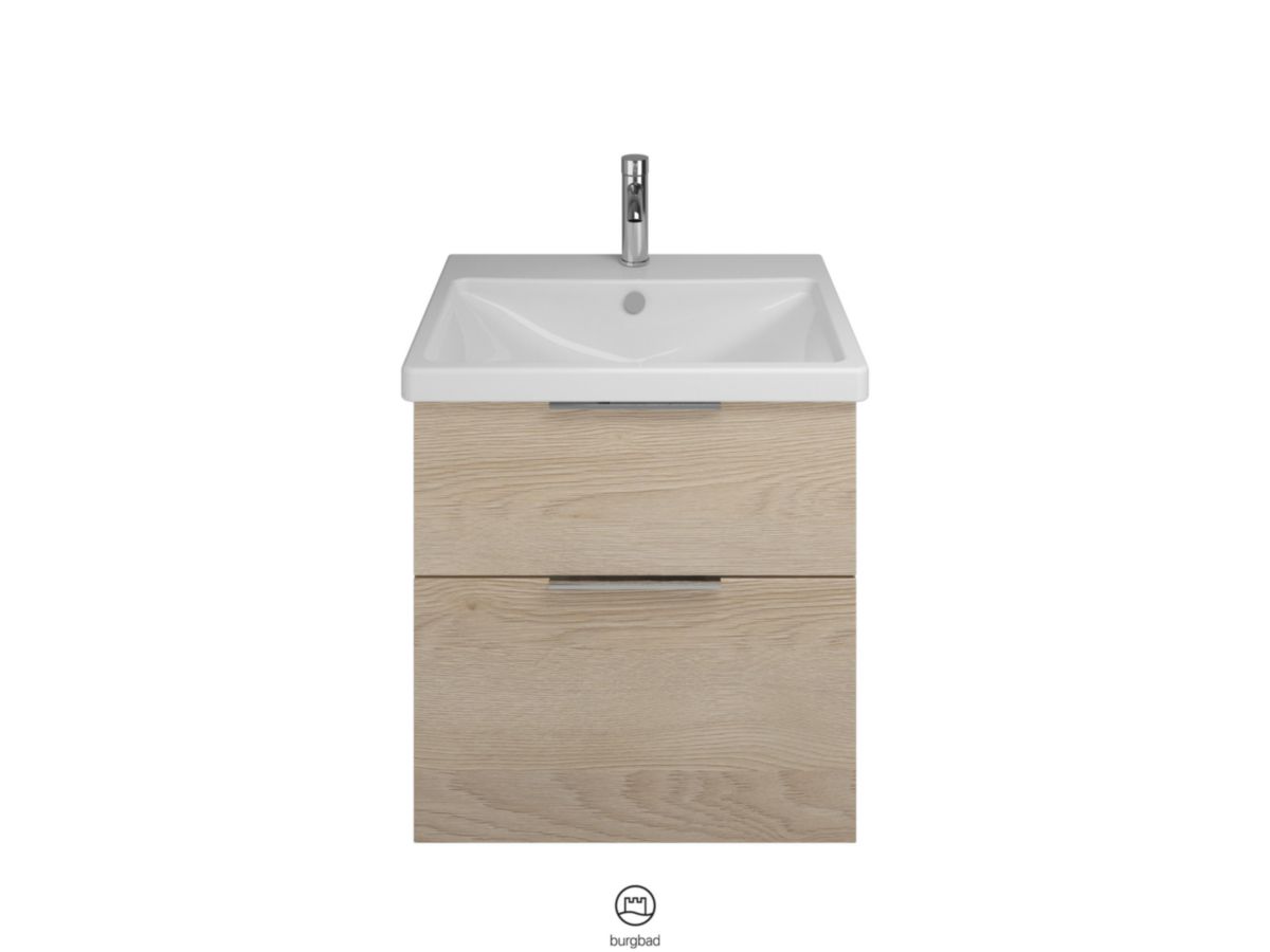 Ensemble EQIO SMART plan de toilette céramique largeur 63 cm avec meuble sous-vasque largeur 60 cm, 2 tiroirs, finition chêne decor cachemire, poignée chromé Réf. SFSQ063F3671C0001G0146